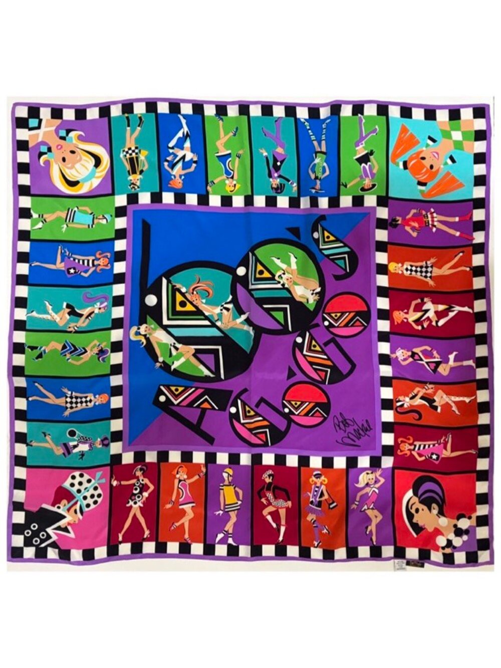 Vintage BOB MACKIE Large A-Go-Go Girl Square Scarf 60's 1960's Retro Colorful